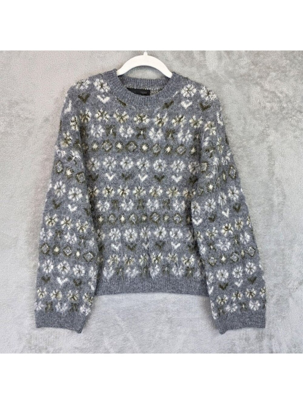 Zara Sweater Womens S Gray Fair Isle Fuzzy Crew Neck Long Sleeve Knit Pullover